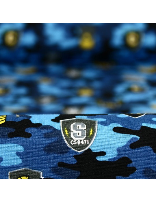 Tissu popeline coton imprimé camouflage bleu