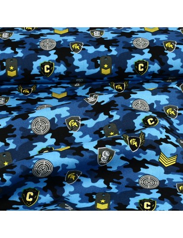 Tissu popeline coton imprimé camouflage bleu