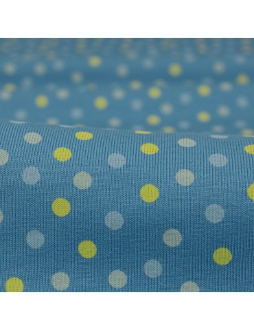 Tissu Jersey imprimé pois jaunes/fond bleu