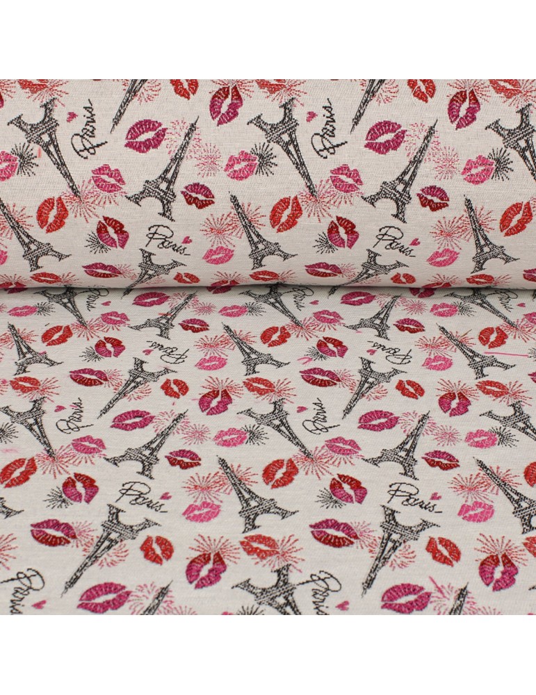 Tissu d'ameublement Jacquard tour Eiffel rose