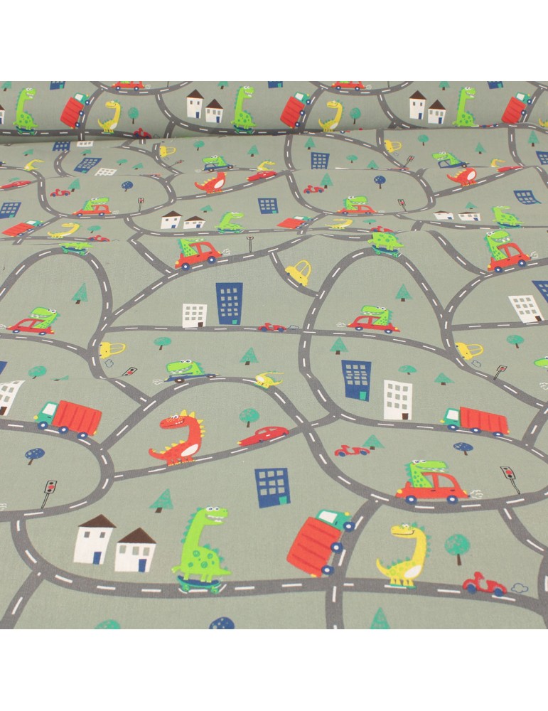 Tissu popeline imprimé dinosaure/voiture Tissu popeline imprimé dinosaure/voiture