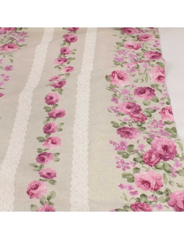 Tissu coton/polyester fleurs roses