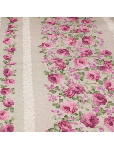 Tissu coton/polyester fleurs roses