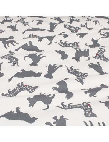 Tissu cretonne imprimé chien gris/blanc