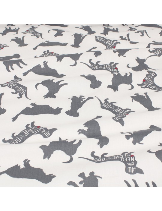 Tissu cretonne imprimé chien gris/blanc
