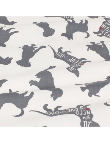 Tissu cretonne imprimé chien gris/blanc