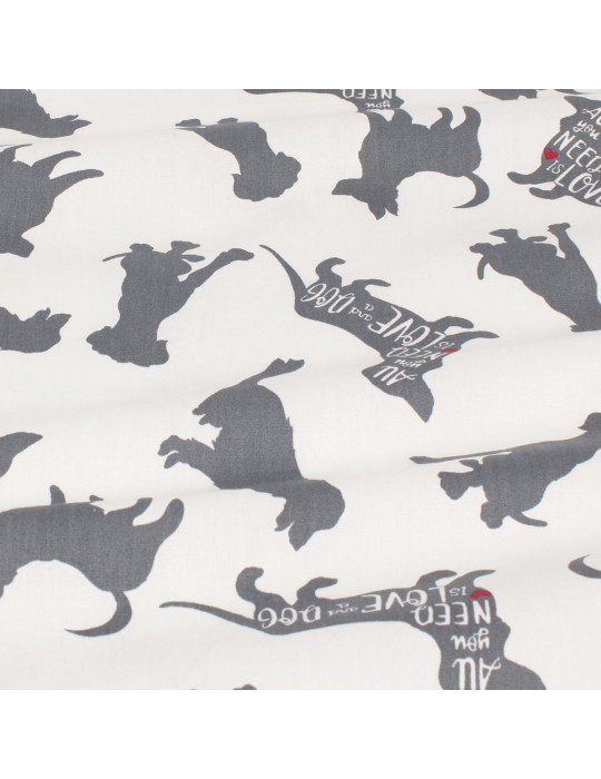 Tissu cretonne imprimé chien gris/blanc
