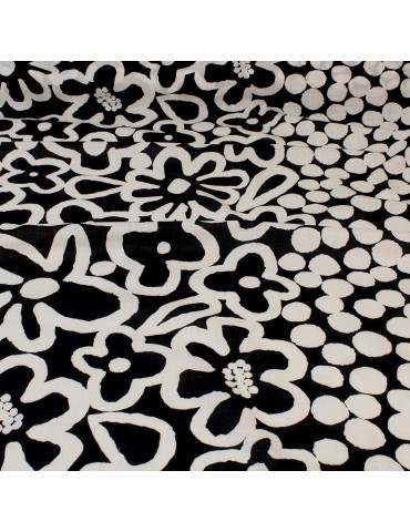Tissu cretonne imprimé floral noir/blanc