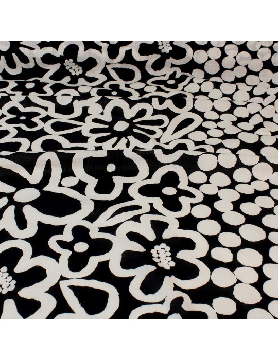 Tissu cretonne imprimé floral noir/blanc