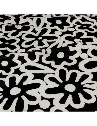Tissu cretonne imprimé floral noir/blanc