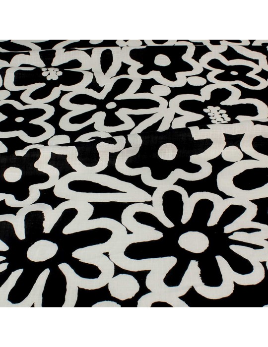 Tissu cretonne imprimé floral noir/blanc