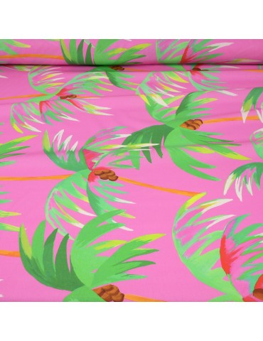 Tissu cretonne palmiers rose