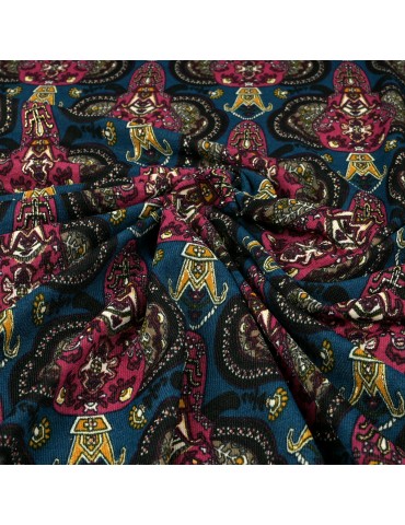 Tissu jersey éléphant canard/bordeaux