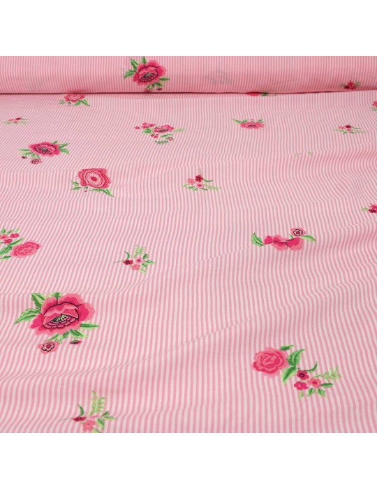 Tissu viscose imprimé fleurs/rayure rose