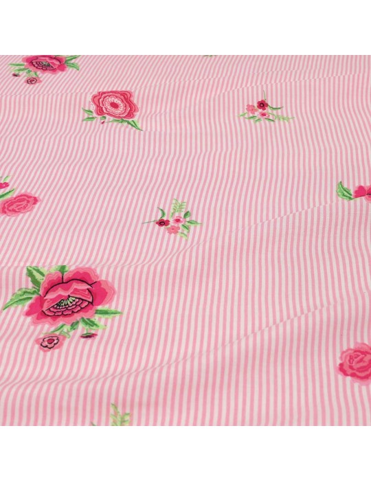 Tissu viscose imprimé fleurs/rayure rose