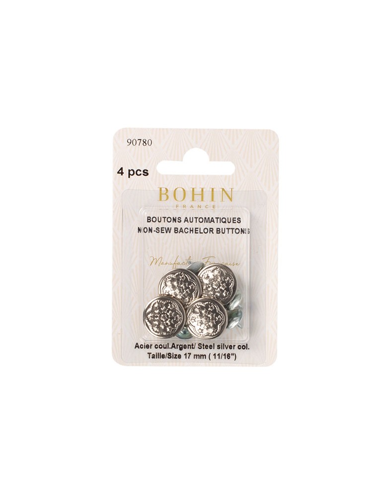 Blister de 4 boutons automatiques argent étoilés 17 mm Blister de 4 boutons automatiques argent étoilés 17 mm