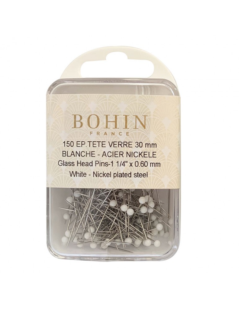 Boîte de 150 épingles tête de verre blanche 30 x 0,60 mm Boîte de 150 épingles tête de verre blanche 30 x 0,60 mm