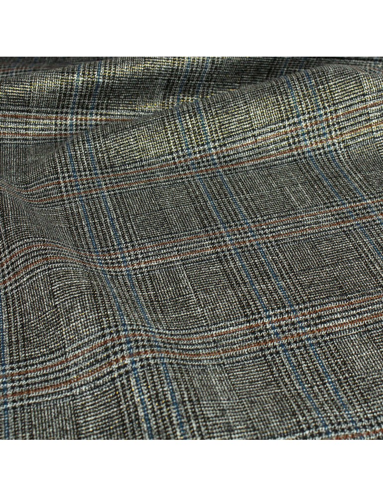 Tissu lainage à carreaux pailleté bandes rouges et bleues marron Tissu lainage à carreaux pailleté bandes rouges et bleues marron