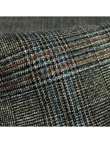 Tissu lainage à carreaux pailleté bandes rouges et bleues marron