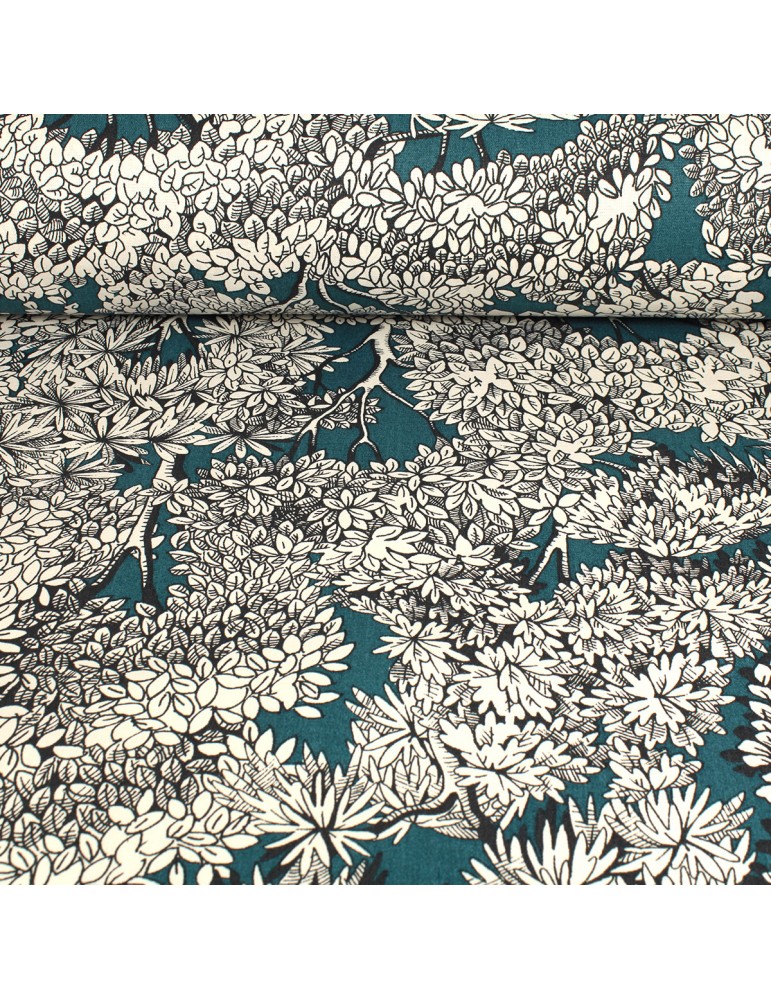 Tissu bachette imprimé arbres bleu canard 100 % coton 140 cm Tissu bachette imprimé arbres bleu canard 100 % coton 140 cm